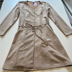 Spense Neutral Taupe Button-Front V-Neck Tie-Waist Long Sleeve Dress